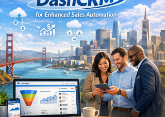 San Francisco skyline with icons representing increased sales and automation, symbolizing Bay Area DashCRM adoption.