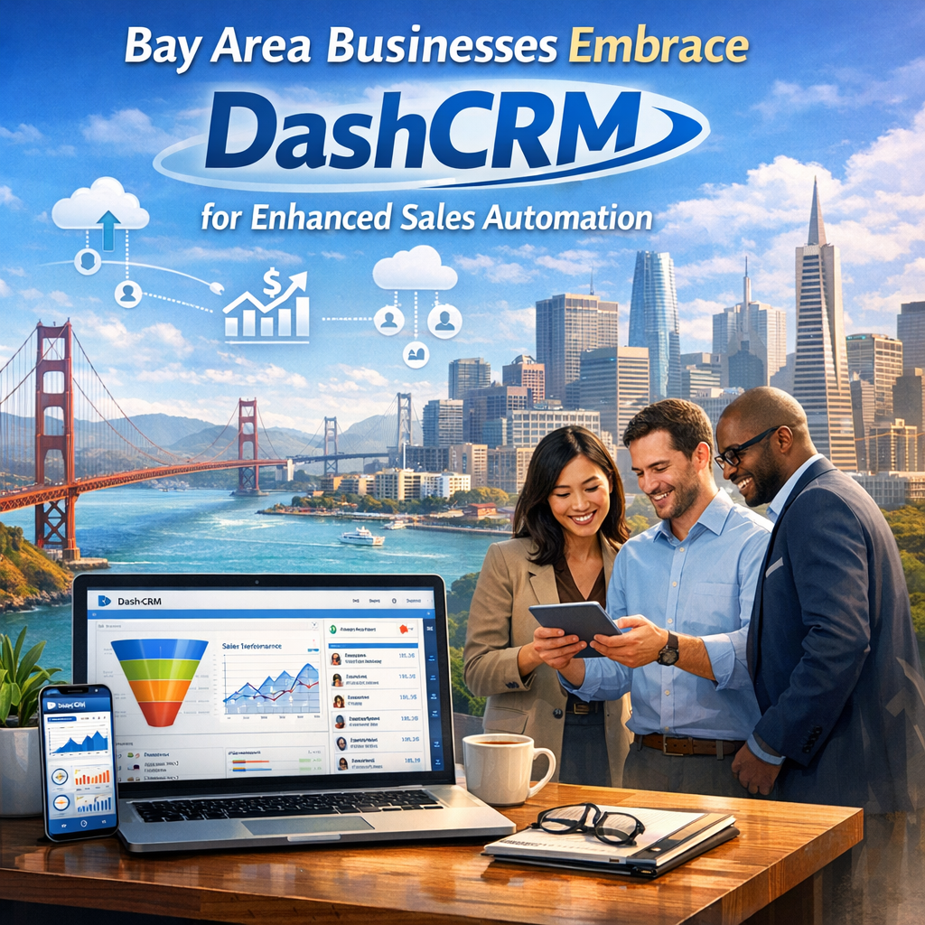 San Francisco skyline with icons representing increased sales and automation, symbolizing Bay Area DashCRM adoption.