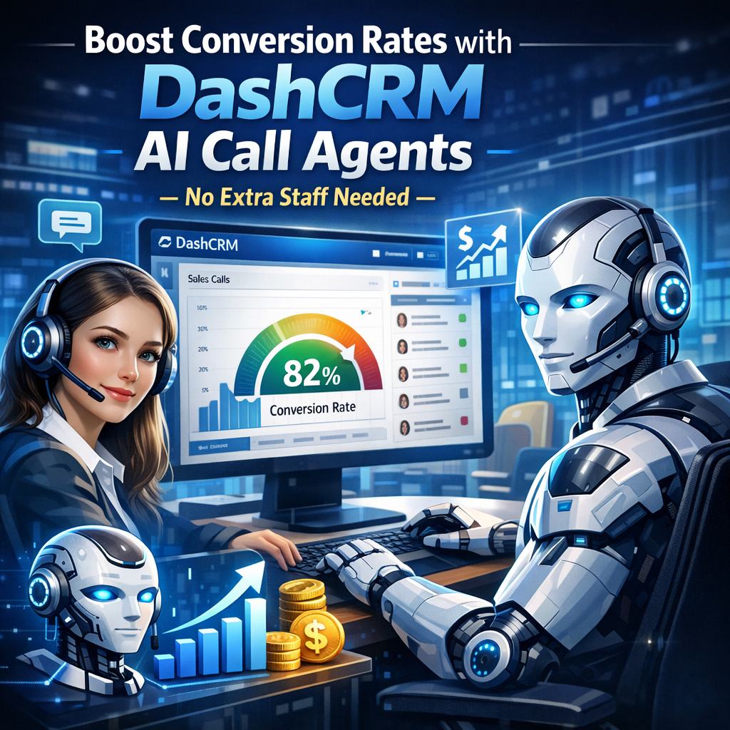 Graphical depiction of AI call agent technology by DashCRM improving sales metrics.