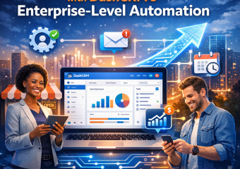 Graphic of a small business owner using a computer with DashCRM automation tools on screen.