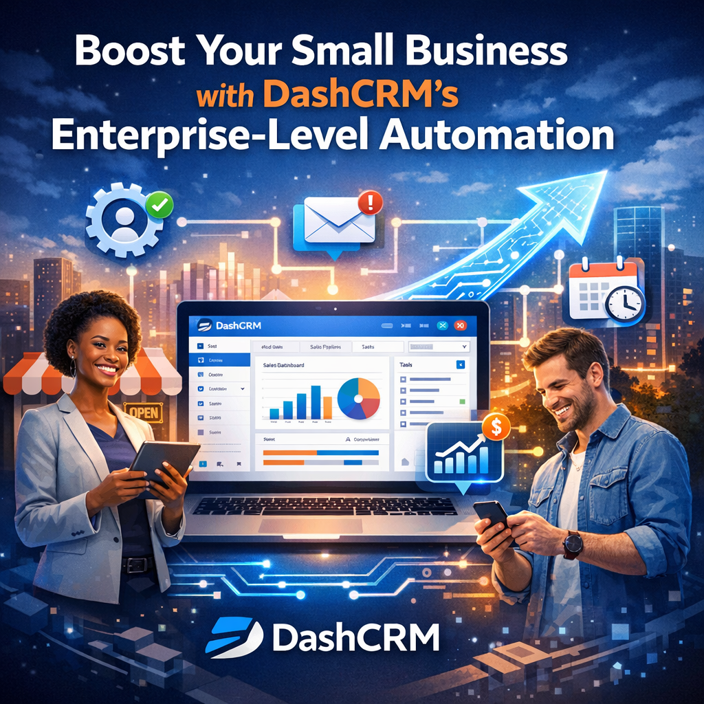 Graphic of a small business owner using a computer with DashCRM automation tools on screen.