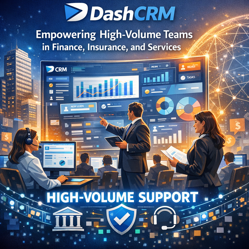 Graphical interface of DashCRM software showing analytics and customer data for finance.