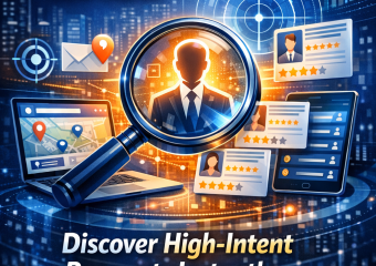 Screenshot of DashCRM Lead Finder interface showing data analysis for high-intent prospects.