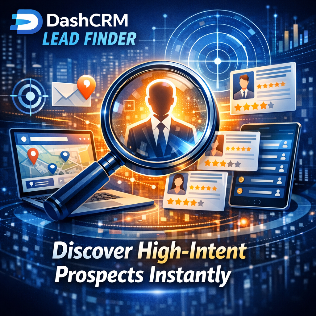 Screenshot of DashCRM Lead Finder interface showing data analysis for high-intent prospects.