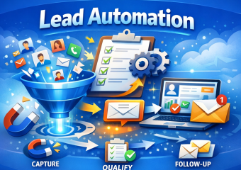 Graphic of DashCRM software interface showing automated lead capture, qualification, and follow-up processes.