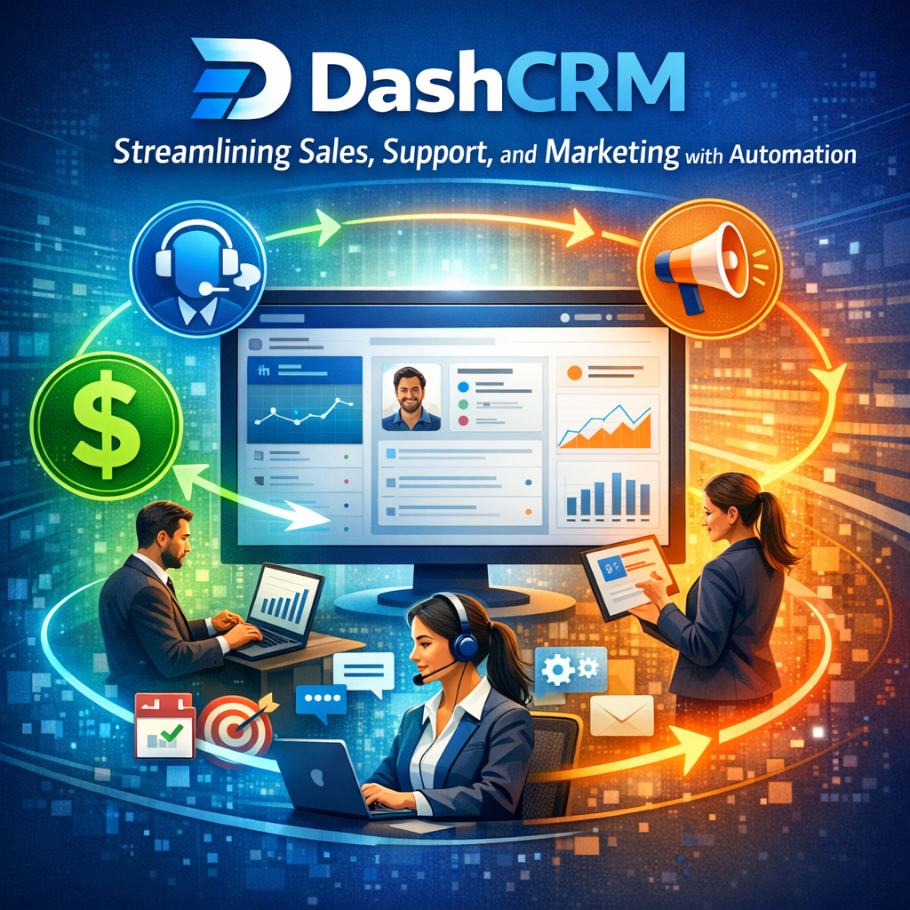 Dashboard of DashCRM showing automated workflows for sales, support, and marketing.