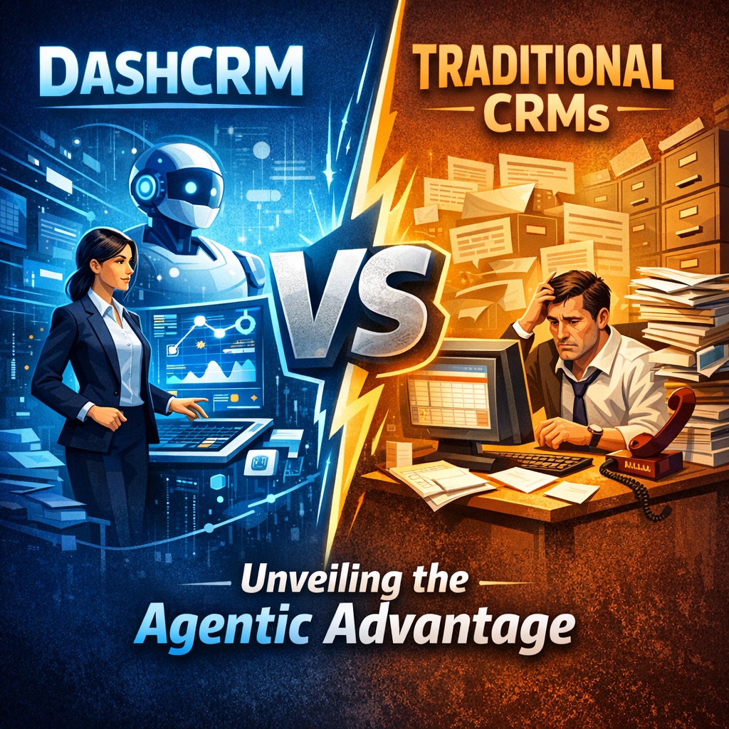 Comparison chart showing DashCRM's AI-driven interface and traditional CRM's manual processes.