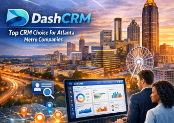 "DashCRM interface on a screen with the Atlanta city skyline in the background."