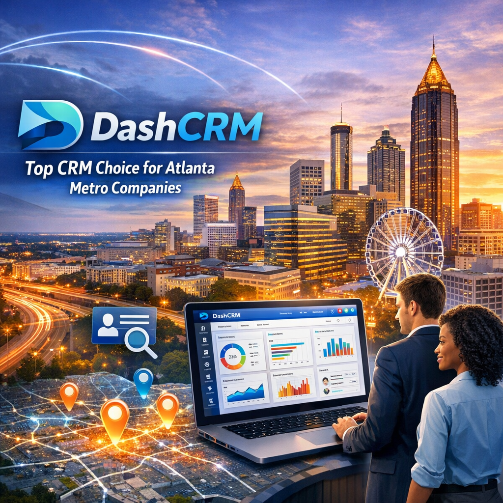 "DashCRM interface on a screen with the Atlanta city skyline in the background."