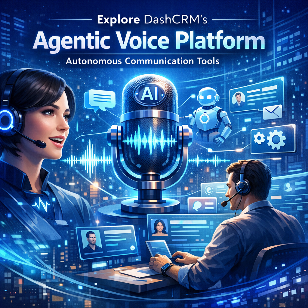 Screenshot of DashCRM's Agentic Voice Platform, showcasing AI-powered tools for customer communication.