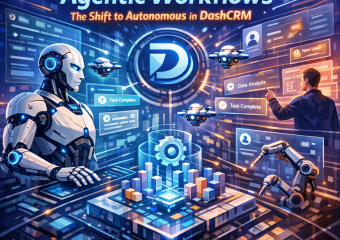Illustration of AI-driven workflows in DashCRM, showing futuristic and autonomous operations.