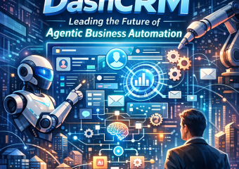 Futuristic interface of DashCRM with advanced AI and robotic elements for business automation.