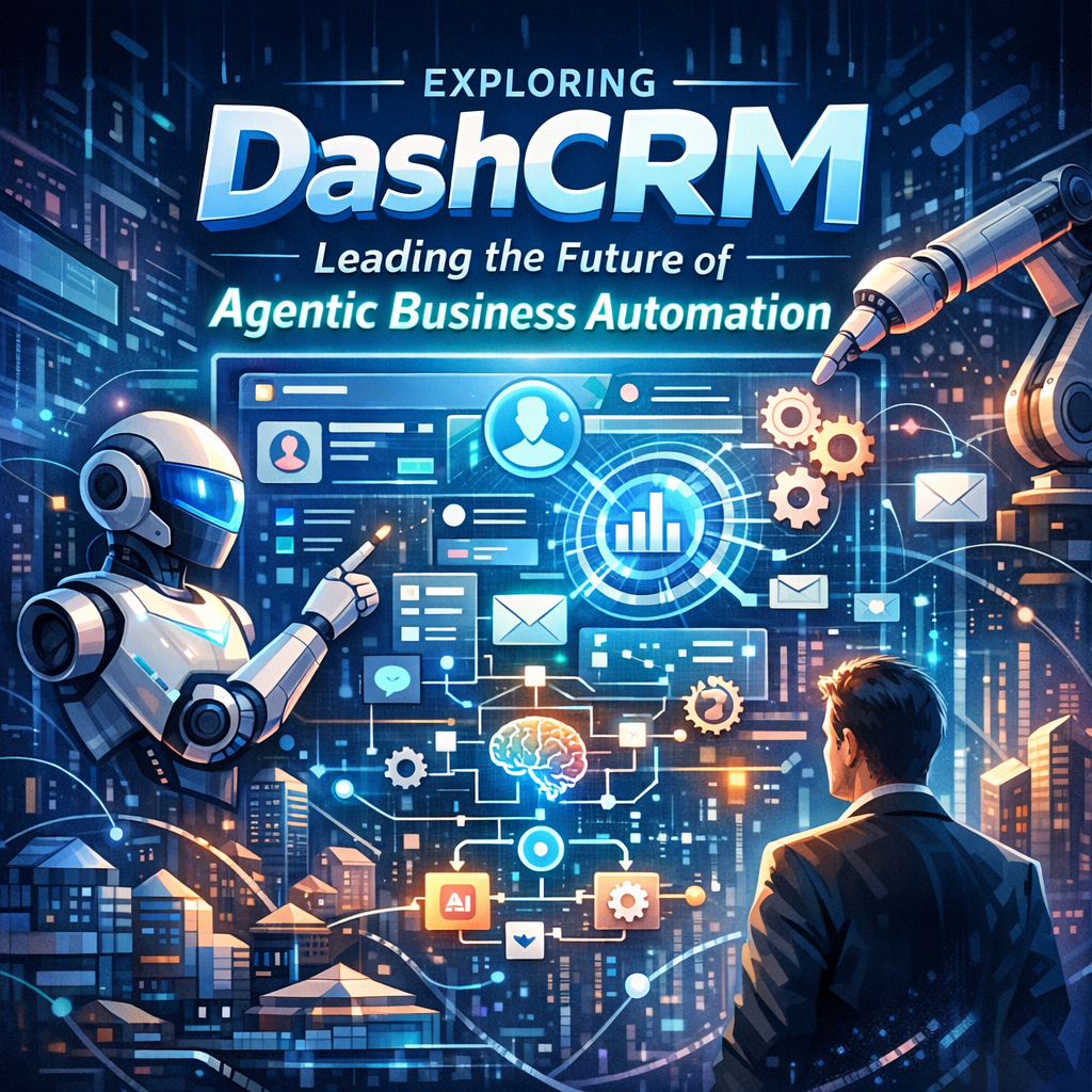 Futuristic interface of DashCRM with advanced AI and robotic elements for business automation.