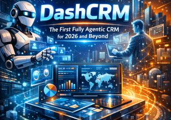 Illustration of an advanced DashCRM interface displaying AI analytics and data management for 2026.