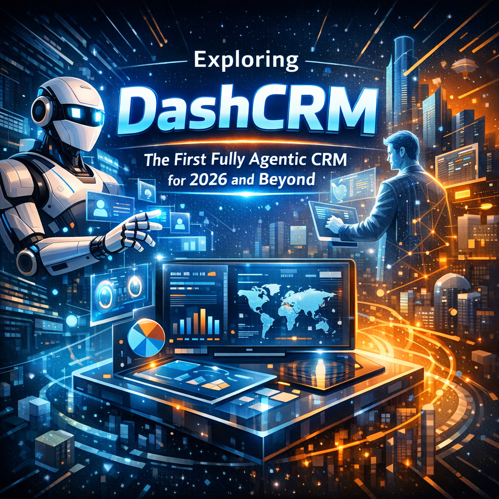 Illustration of an advanced DashCRM interface displaying AI analytics and data management for 2026.