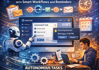 Illustration of a dashboard showing DashCRM's smart workflows, tasks, and reminders.