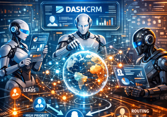 Illustration of DashCRM software interface showcasing multi-agent intelligence in action.