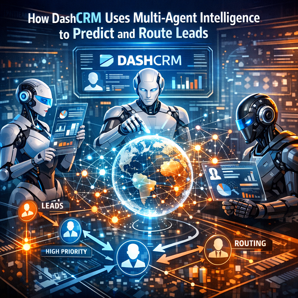 Illustration of DashCRM software interface showcasing multi-agent intelligence in action.