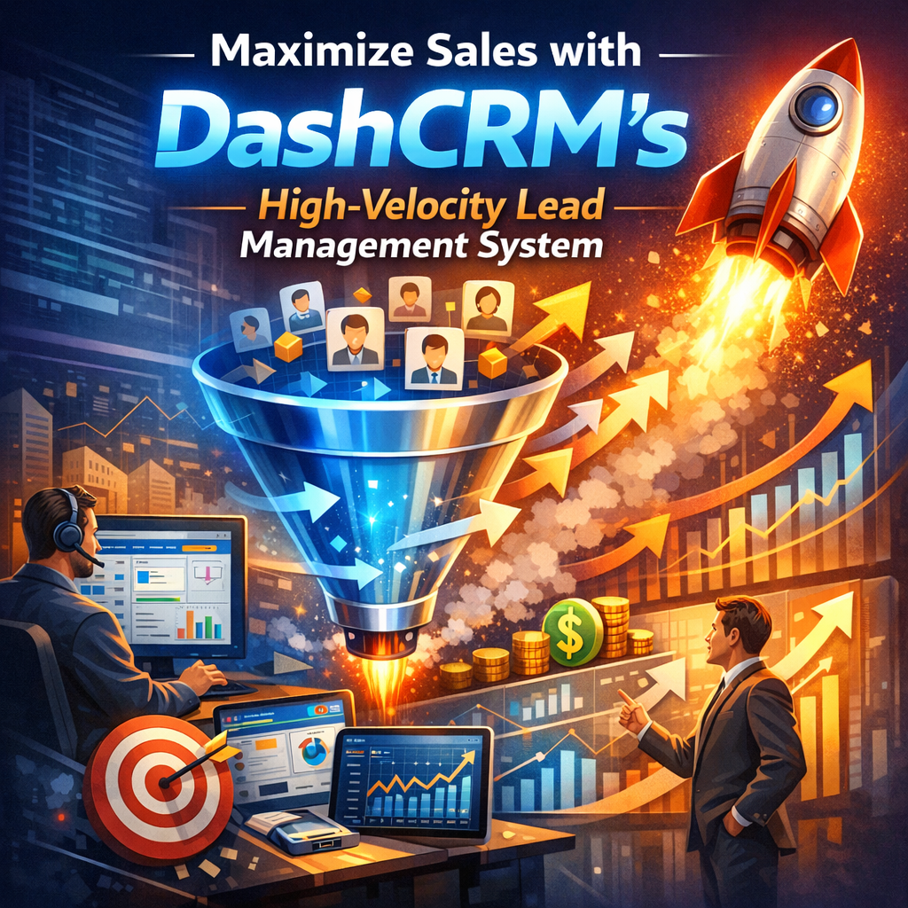 Text overlay on image showing DashCRM interface for lead management with increasing graph.