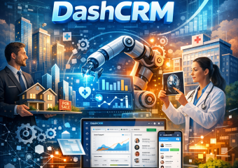 Dashboard and mobile app interface of DashCRM showing features for real estate and healthcare sectors.