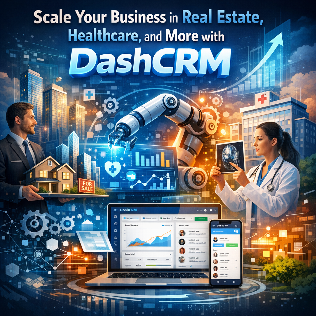 Dashboard and mobile app interface of DashCRM showing features for real estate and healthcare sectors.
