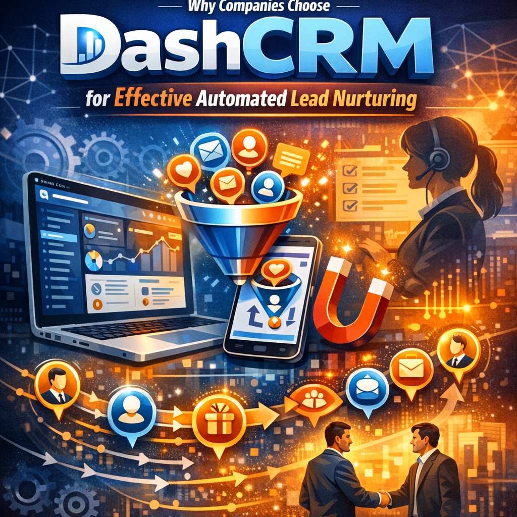 Graphical representation of DashCRM software interface focusing on automated lead nurturing features.