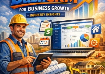 Contractors discussing over a laptop displaying DashCRM software to manage a construction project.