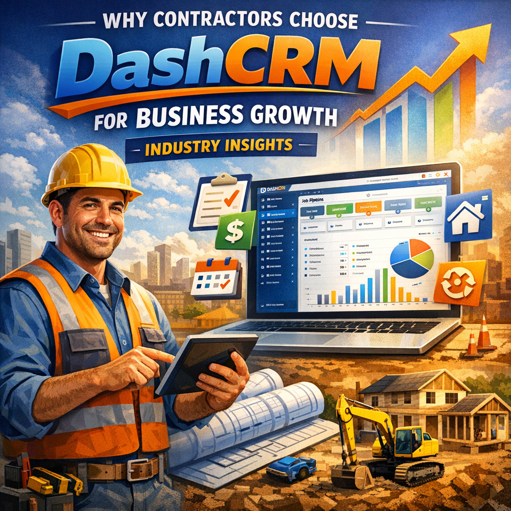 Contractors discussing over a laptop displaying DashCRM software to manage a construction project.