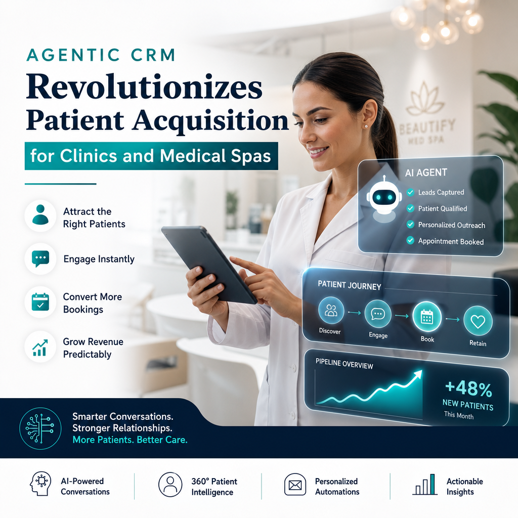 Agentic CRM interface on a computer screen showing patient data and acquisition analytics.