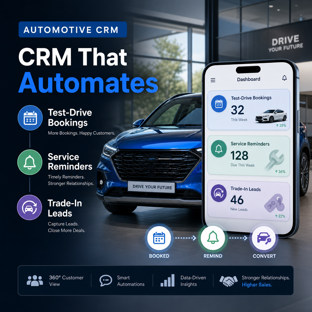automotive CRM illustration for CRM That Automates Test-Drive Bookings, Service Reminders and Trade-In Leads