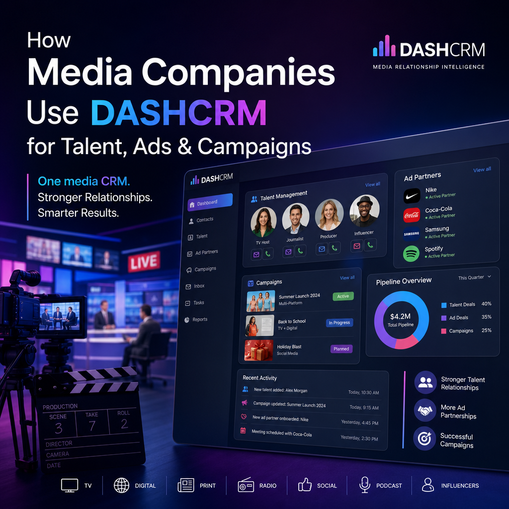 media CRM illustration for How Media Companies Use DASHCRM for Talent, Ads & Campaigns