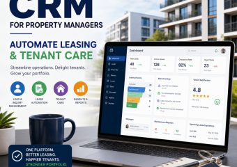 Graphic of CRM software dashboard showing leasing and tenant management tools.