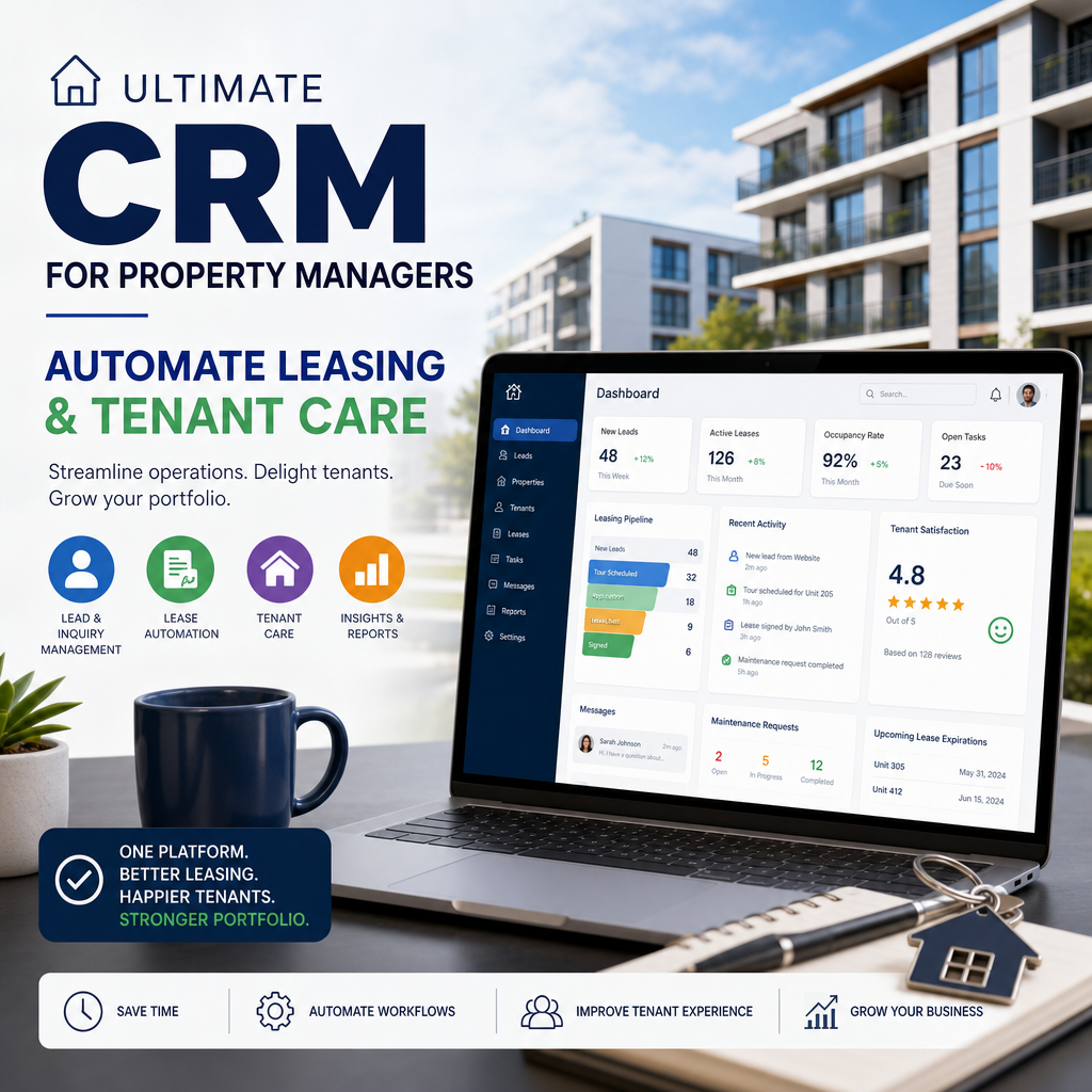 Graphic of CRM software dashboard showing leasing and tenant management tools.