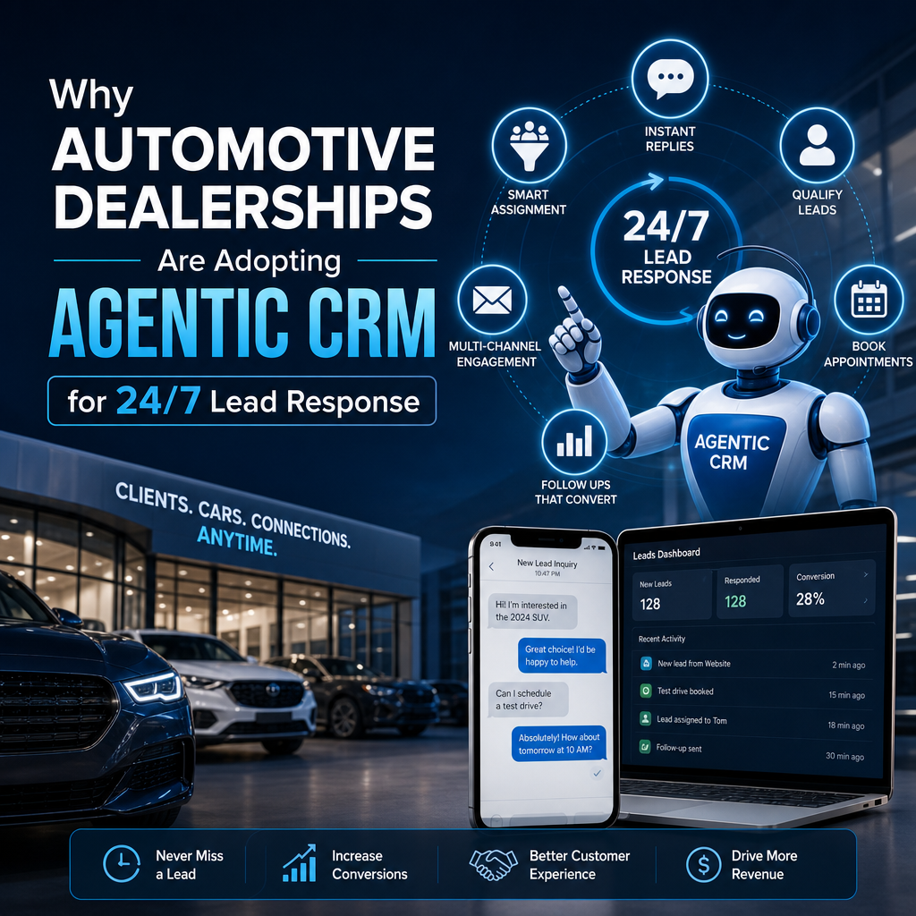 Illustration of Why Automotive Dealerships Are Adopting Agentic CRM for 24/7 Lead Response