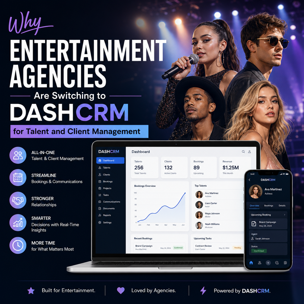 DASHCRM talent management illustration for Why Entertainment Agencies Are Switching to DASHCRM for Talent and Client Manageme