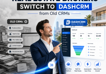 Real estate broker using DASHCRM on a tablet, highlighting features, with old CRM software in the background.