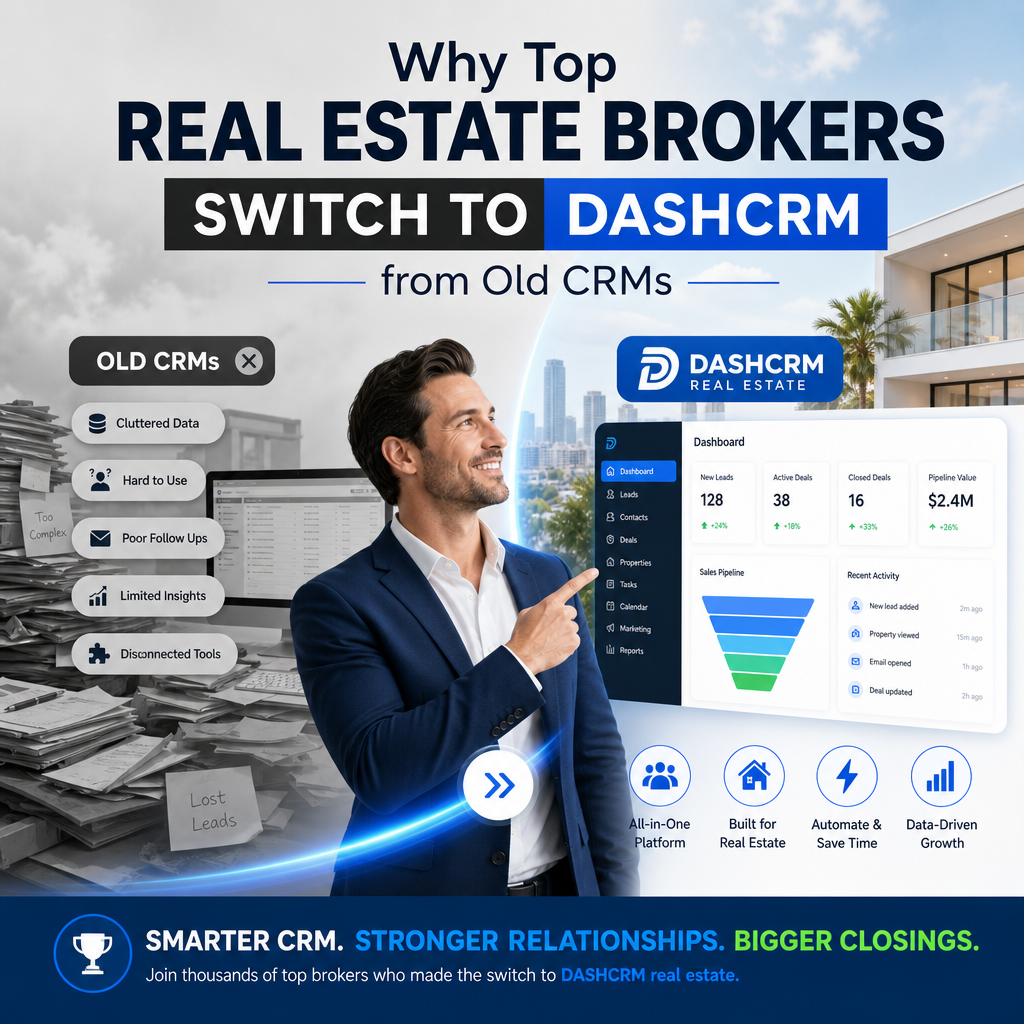 Real estate broker using DASHCRM on a tablet, highlighting features, with old CRM software in the background.